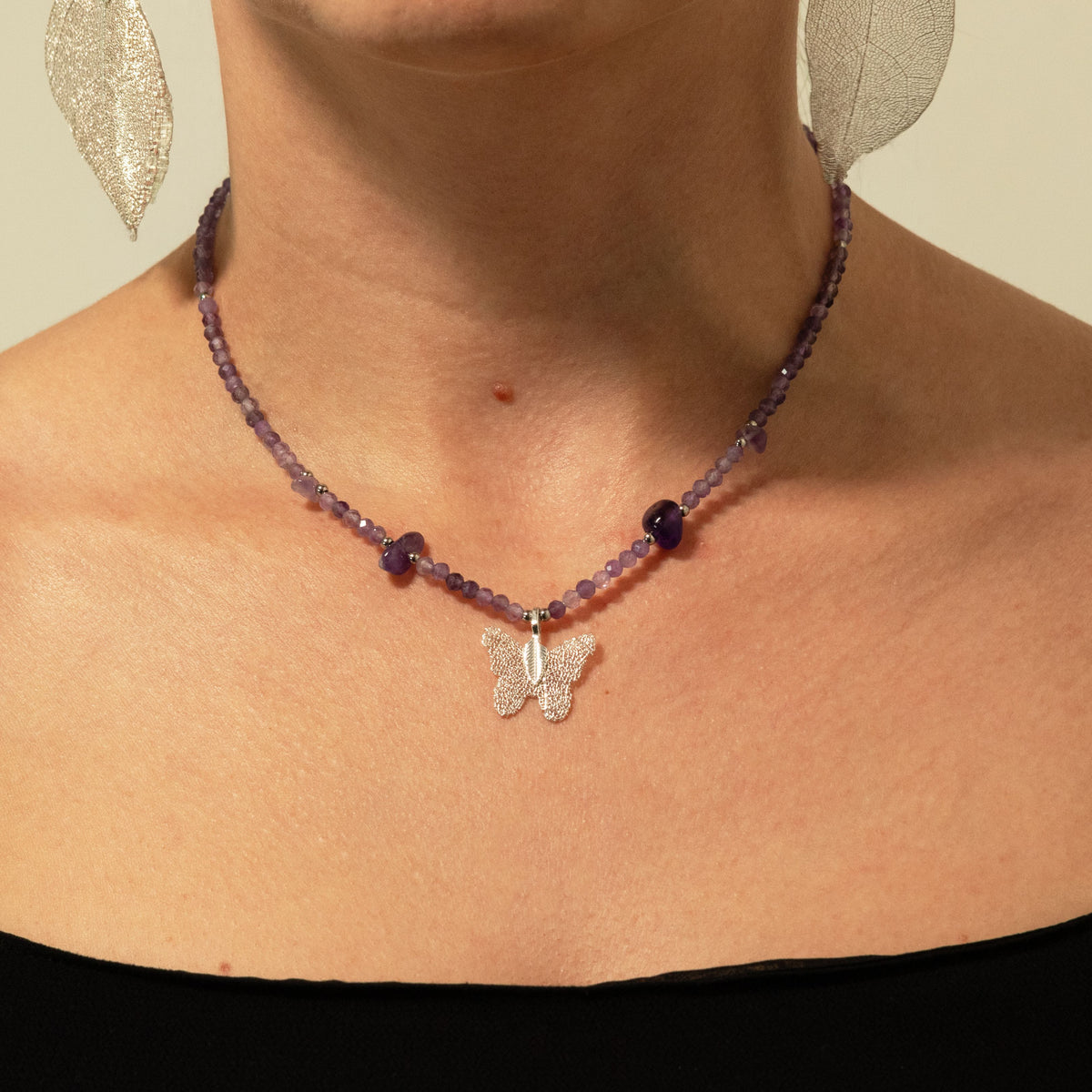 Nymph Amethyst Gemstone Necklace with Real Leaf Butterfly Pendant 🇬🇧