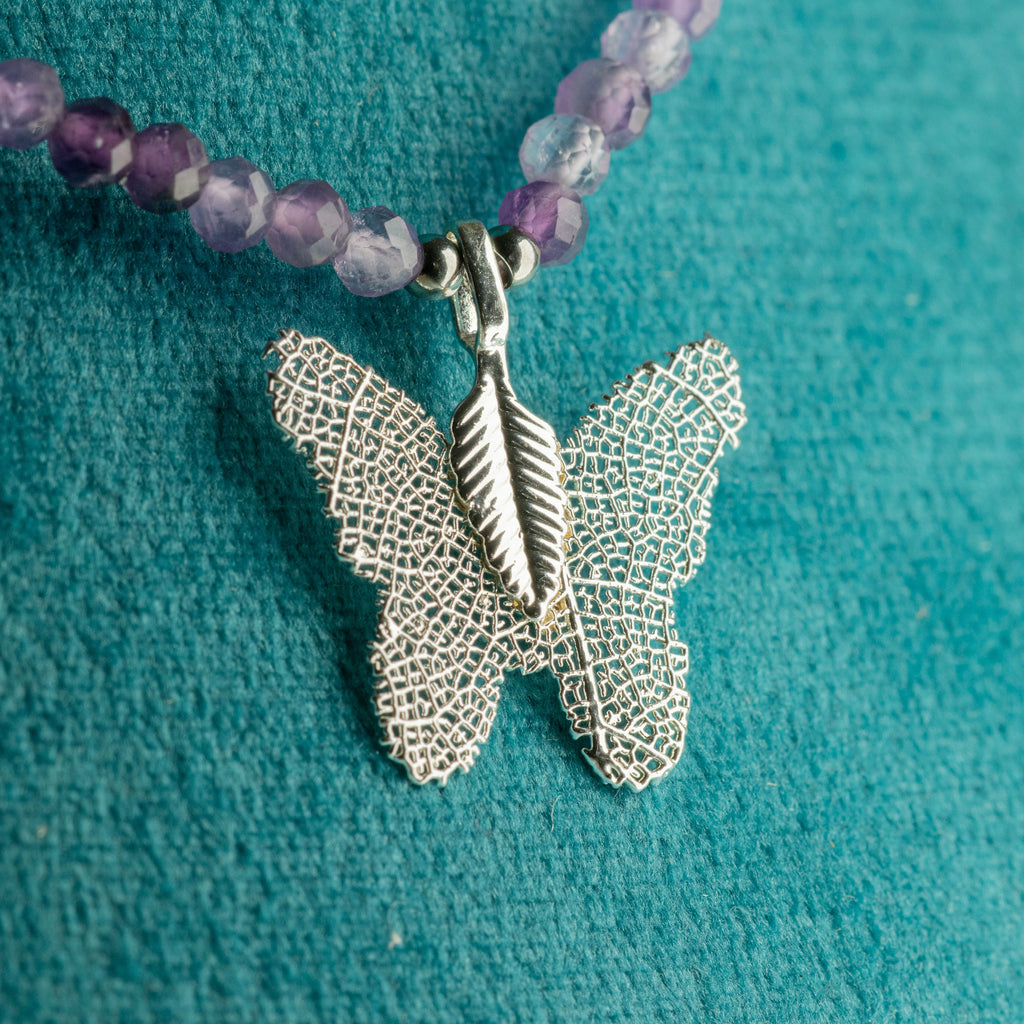 Nymph Amethyst Gemstone Necklace with Real Leaf Butterfly Pendant 🇬🇧