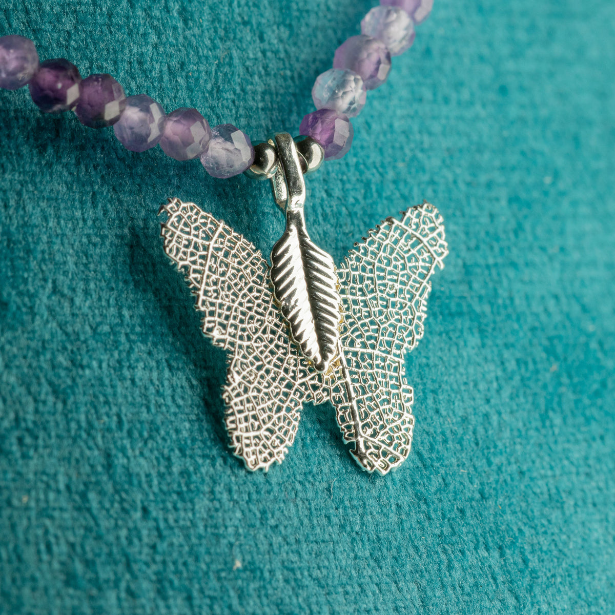 Nymph Amethyst Gemstone Necklace with Real Leaf Butterfly Pendant 🇬🇧