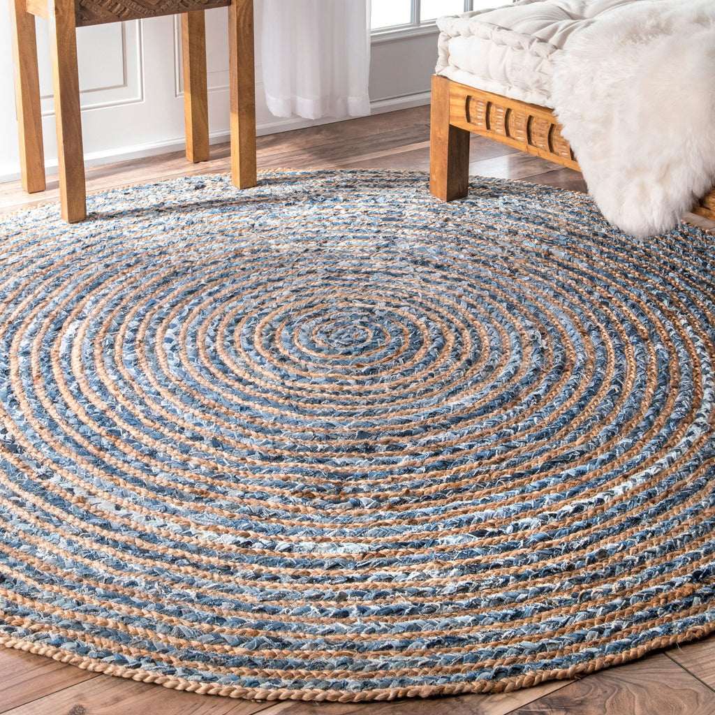 Round Jute and Recycle Denim Rug - 120 cm 🇬🇧