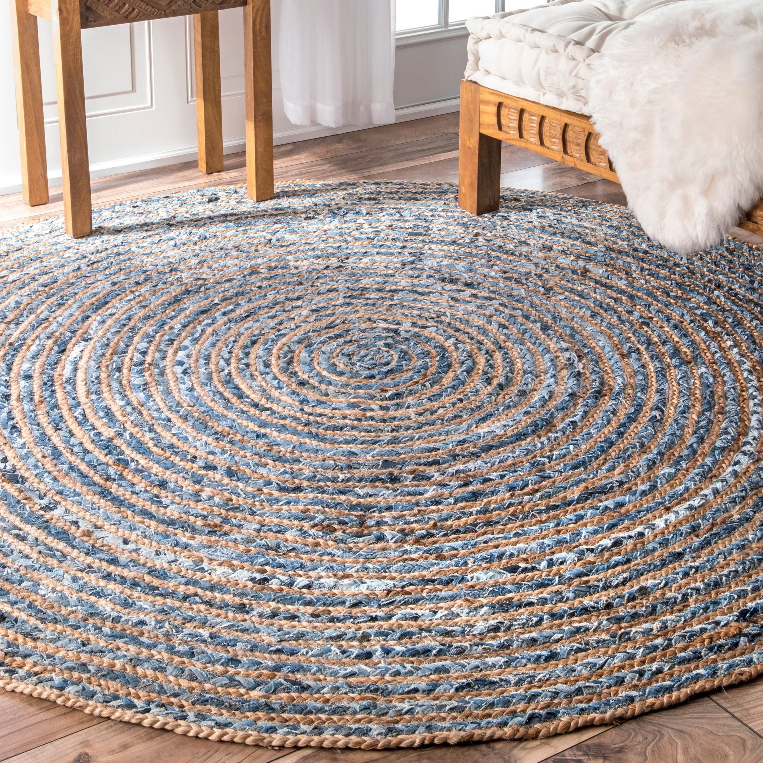 Round Jute and Recycle Denim Rug - 120 cm 🇬🇧