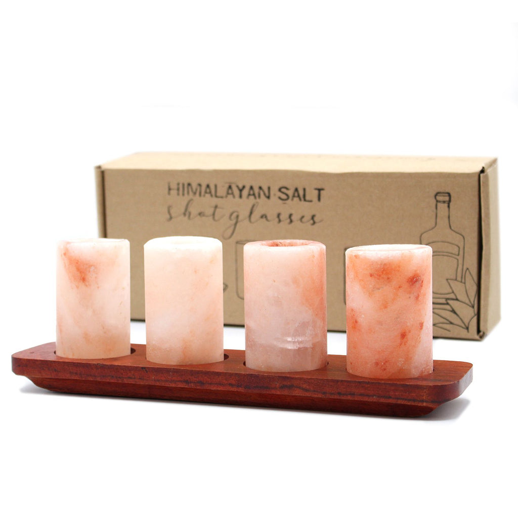 Set of 4 Himalayan Salt Shot Glasses & Wood Serving Stand 🇬🇧