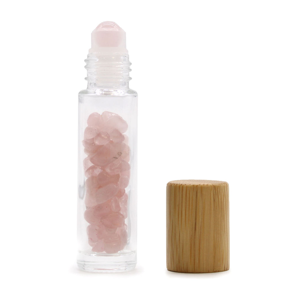 Gemstone Essential Oil Roller Bottle - Rose Quartz  - Wooden Cap 🇬🇧