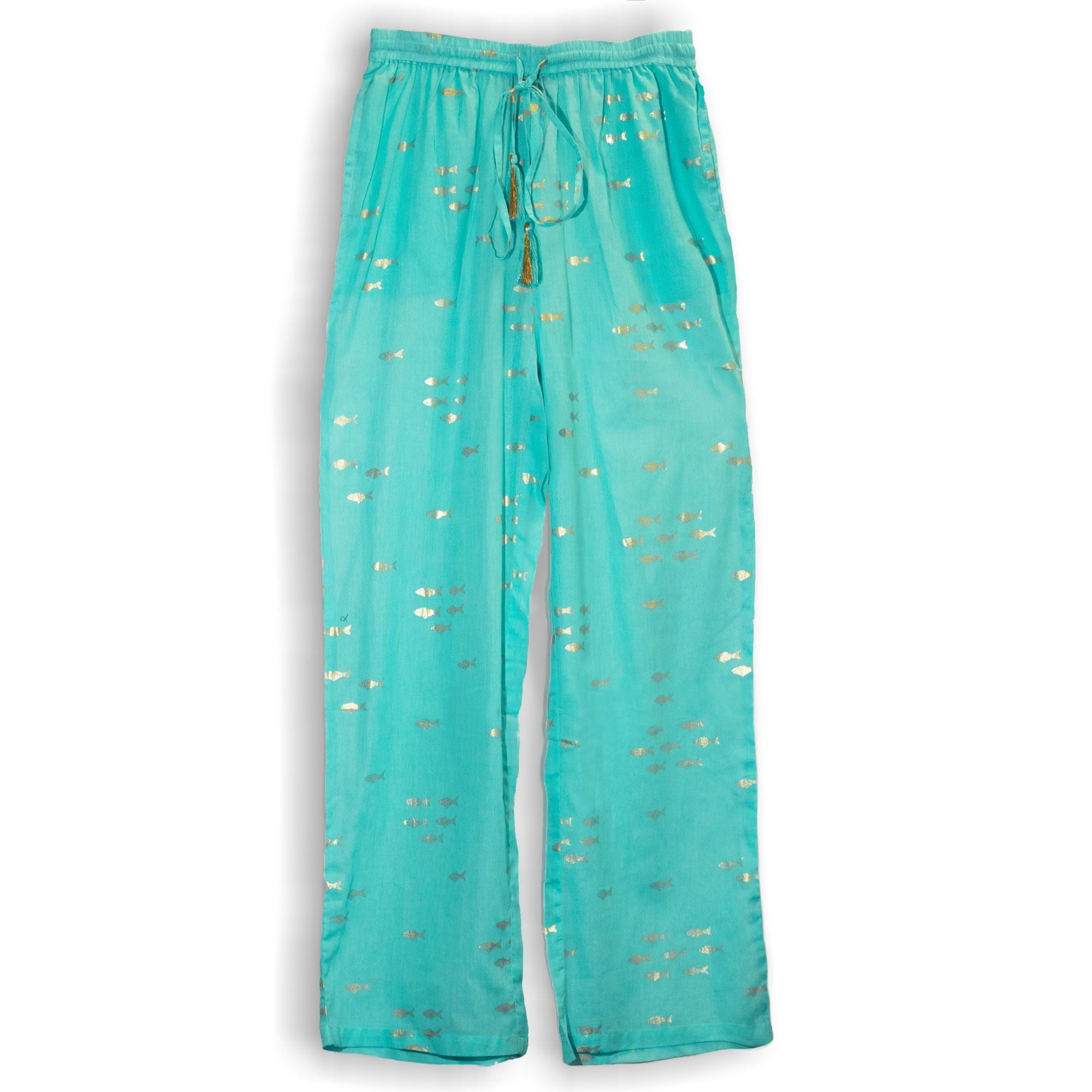 Nomad Sari Lounge Pants (L/XL) – Turquoise with Hand-Painted Gold Fish Design 🇬🇧