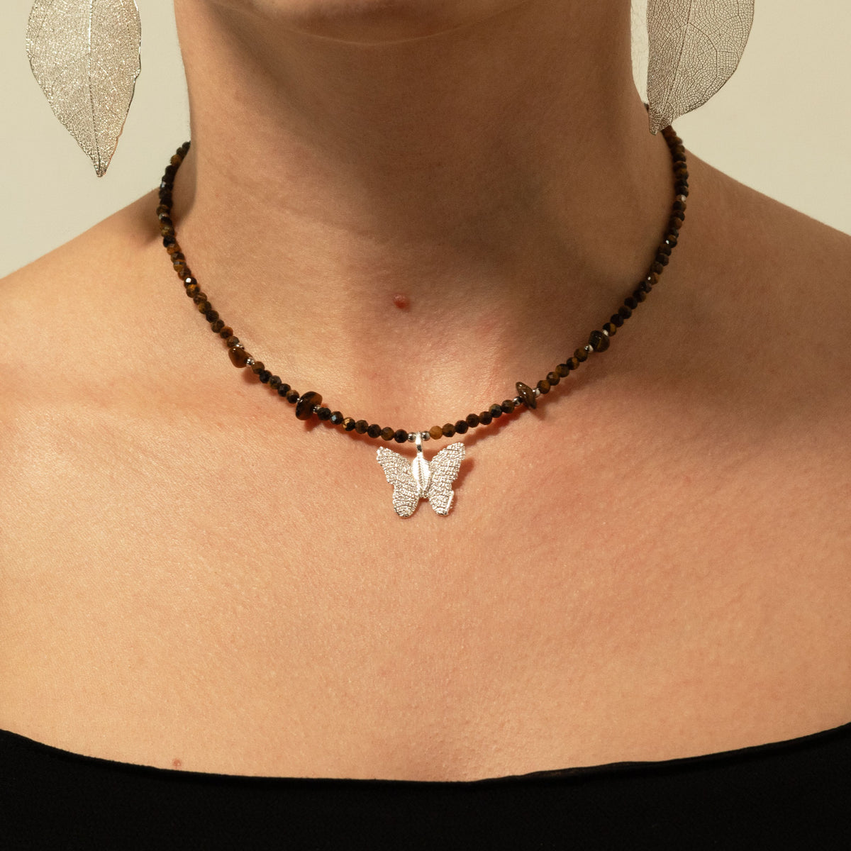 Nymph Tiger's Eye Gemstone Necklace with Real Leaf Butterfly Pendant 🇬🇧