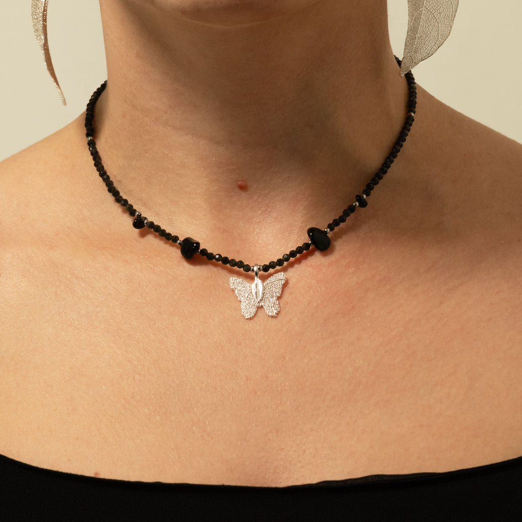 Nymph Black Obsidian Gemstone Necklace with Real Leaf Butterfly Pendant 🇬🇧