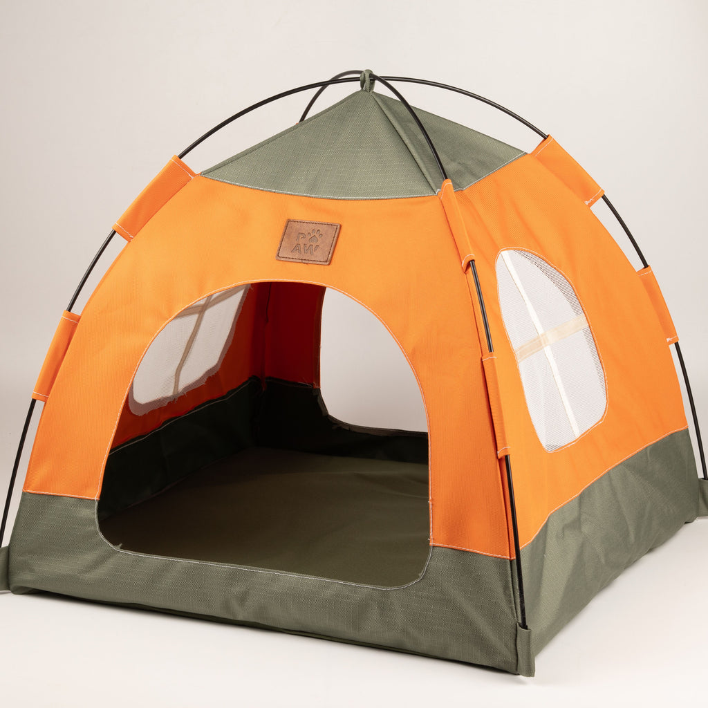 PAW Bed – Green & Orange Tent – 48 × 48 × 40cm 🇬🇧