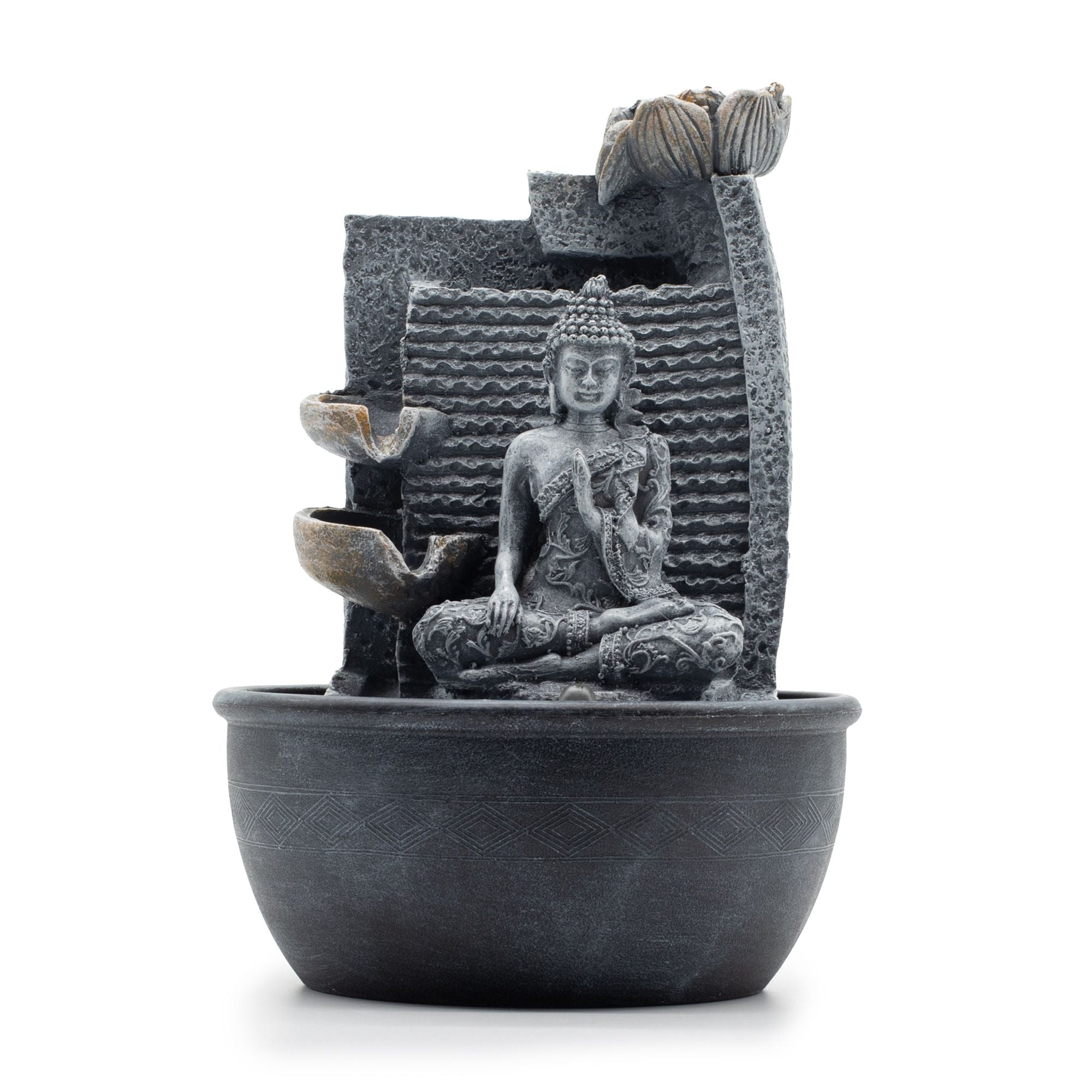 Tabletop Water Feature - 19x19x28cm - Buddha, Lotus Flower Cascading Pots 🇬🇧