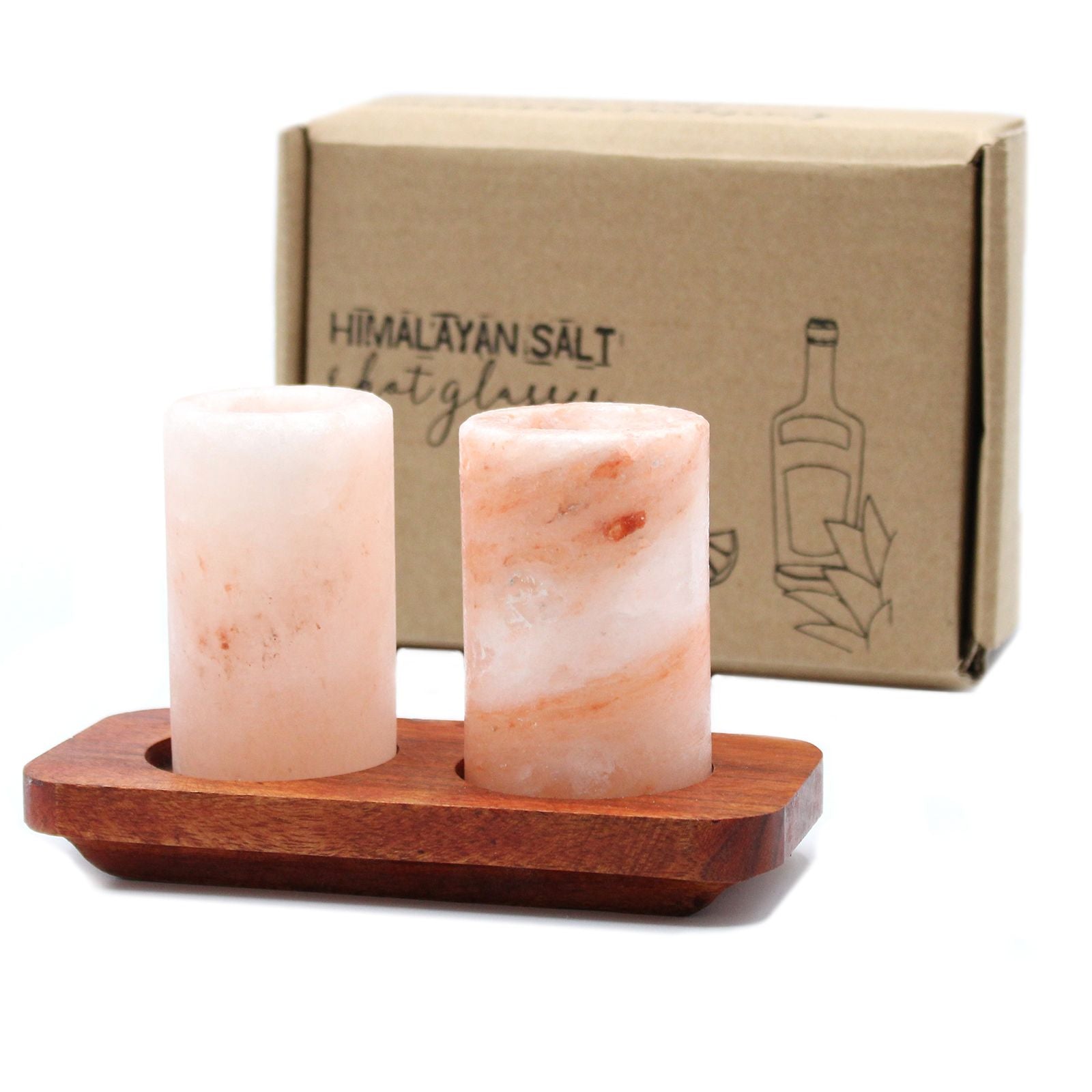 Set of 2 Himalayan Salt Shot Glasses & Wood Serving Stand 🇬🇧