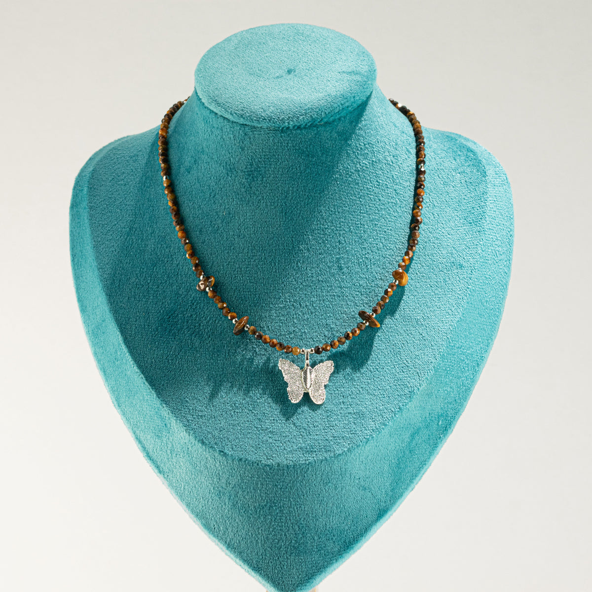 Nymph Tiger's Eye Gemstone Necklace with Real Leaf Butterfly Pendant 🇬🇧