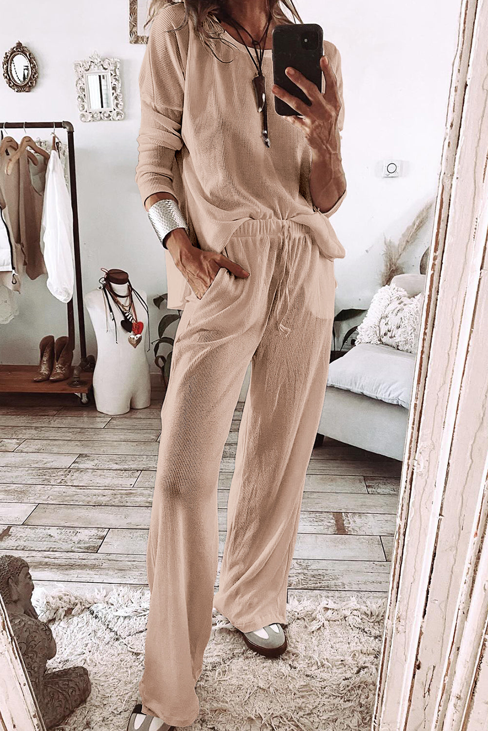 Parchment Textured Long Sleeve T Shirt and Pants Lounge Set 🇨🇳