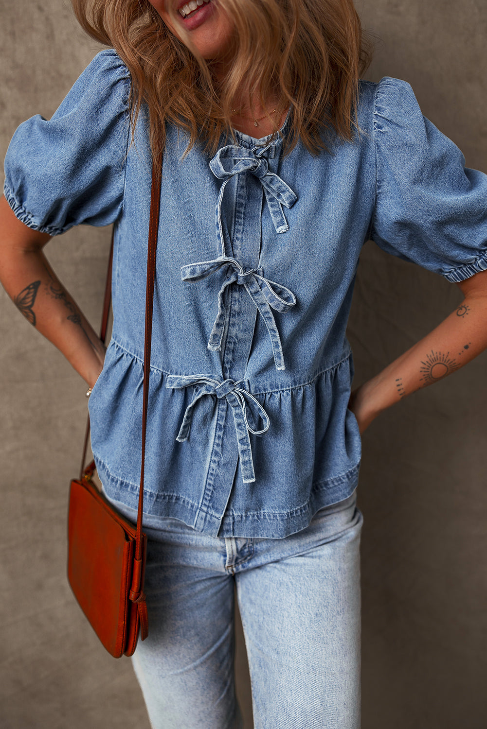 Dusk Blue Tied Front Bubble Sleeve Peplum Denim Shirt 🇨🇳