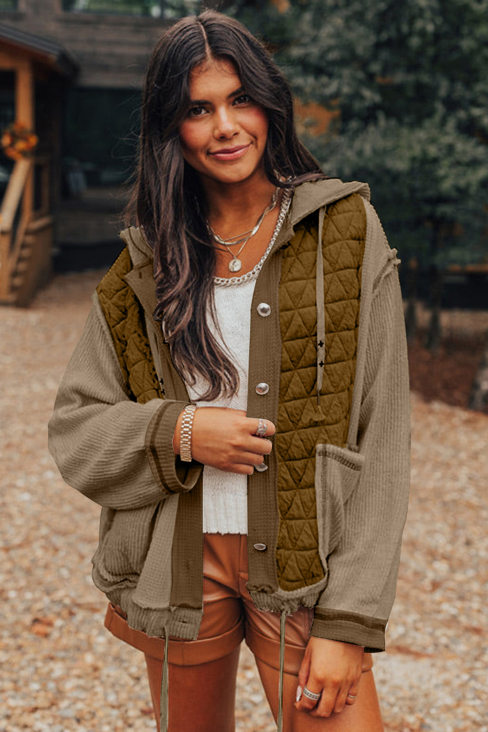 Jungle Green Quilted Textured Patchwork Loose Fit Hooded Jacket 🇺🇲