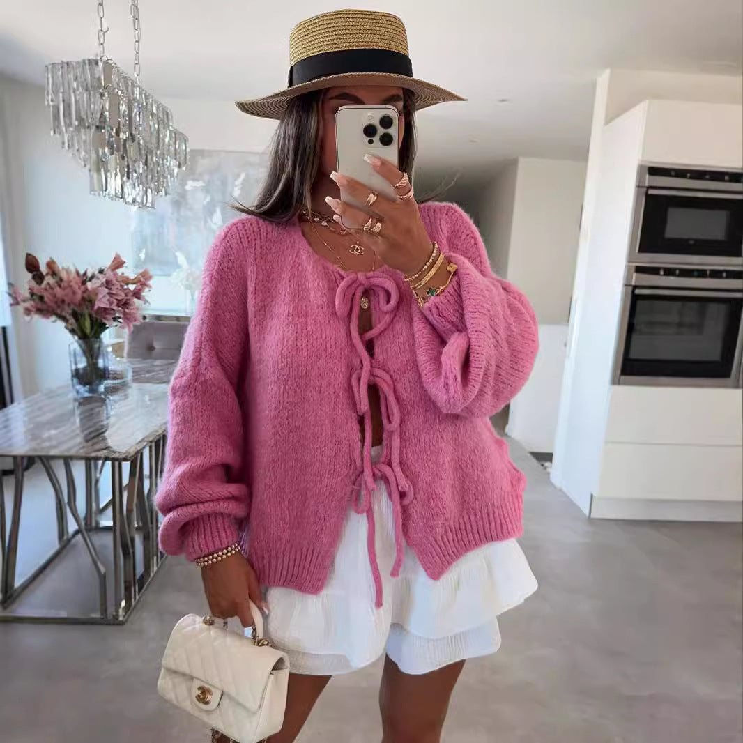 Casual Knitted Bow Lace Up Cardigan 🇨🇳