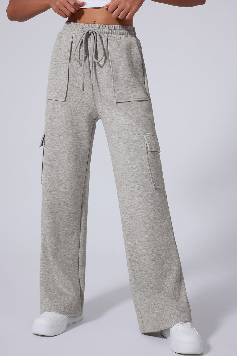 Light Grey Multi Pockets Lace-up High Waist Wide Leg Workout Pants 🇺🇲