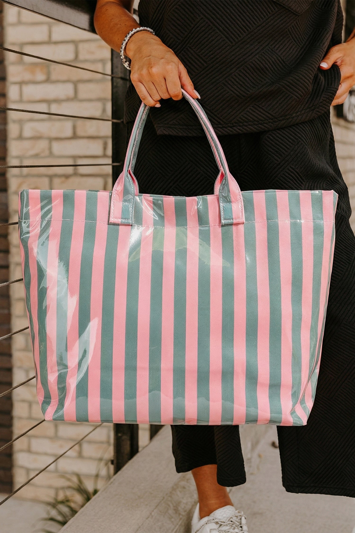 Blackish Green Glossy Striped Vinyl Large Tote Bag 🇺🇸