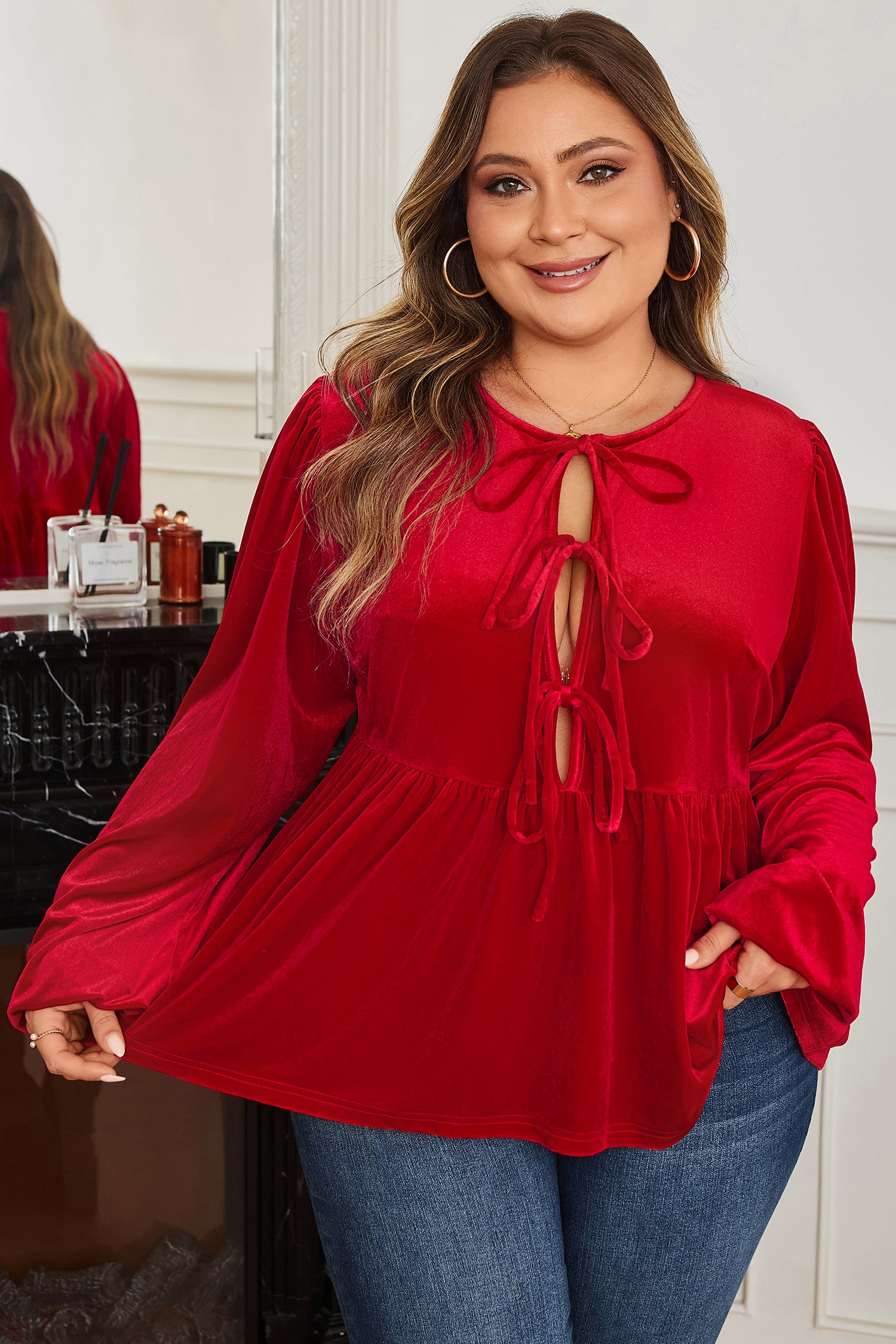 Red Clay Plus Size Tie Front Velvet Peplum Blouse 🇺🇸