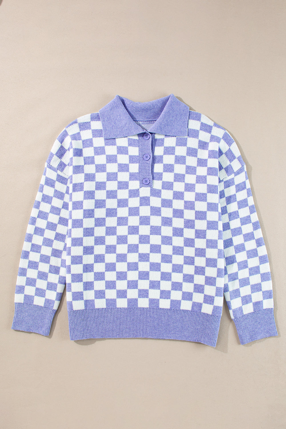 Purple Checkered Collared Buttons Plus Size Sweater 🇺🇸
