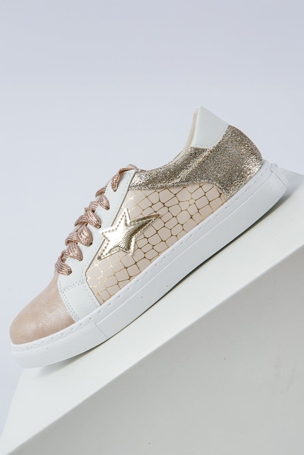 Gold Glitter Star Patchwork PU Leather Lace-up Sneakers 🇺🇸
