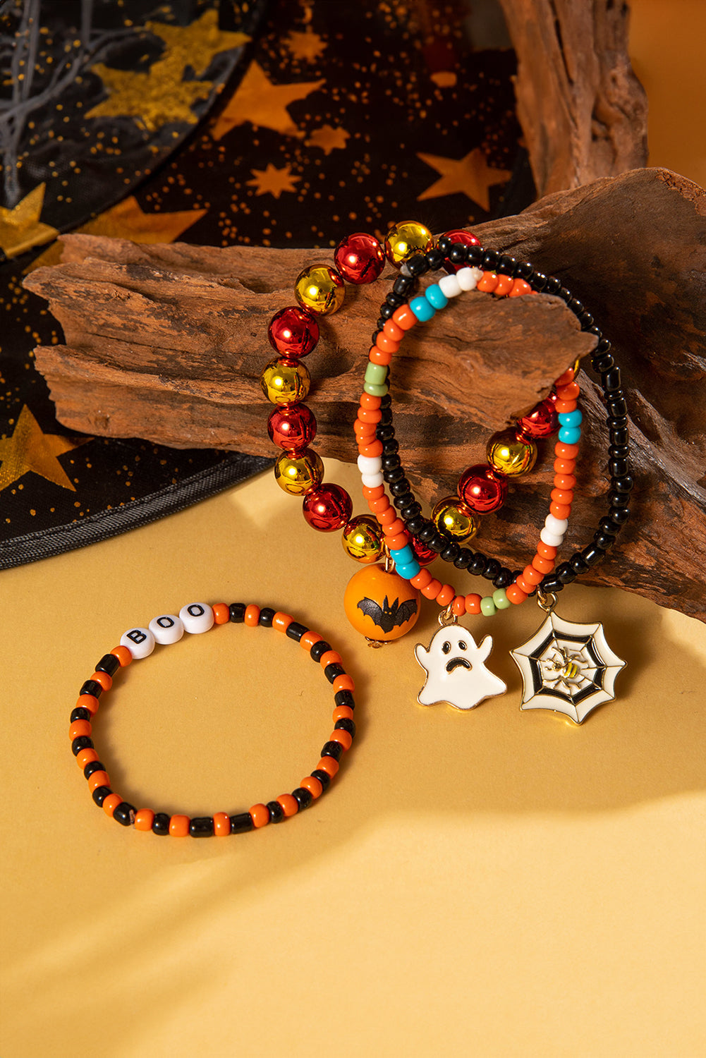Orange 4pcs Halloween Ghost Spider Web Beaded Bracelet Set 🇺🇸