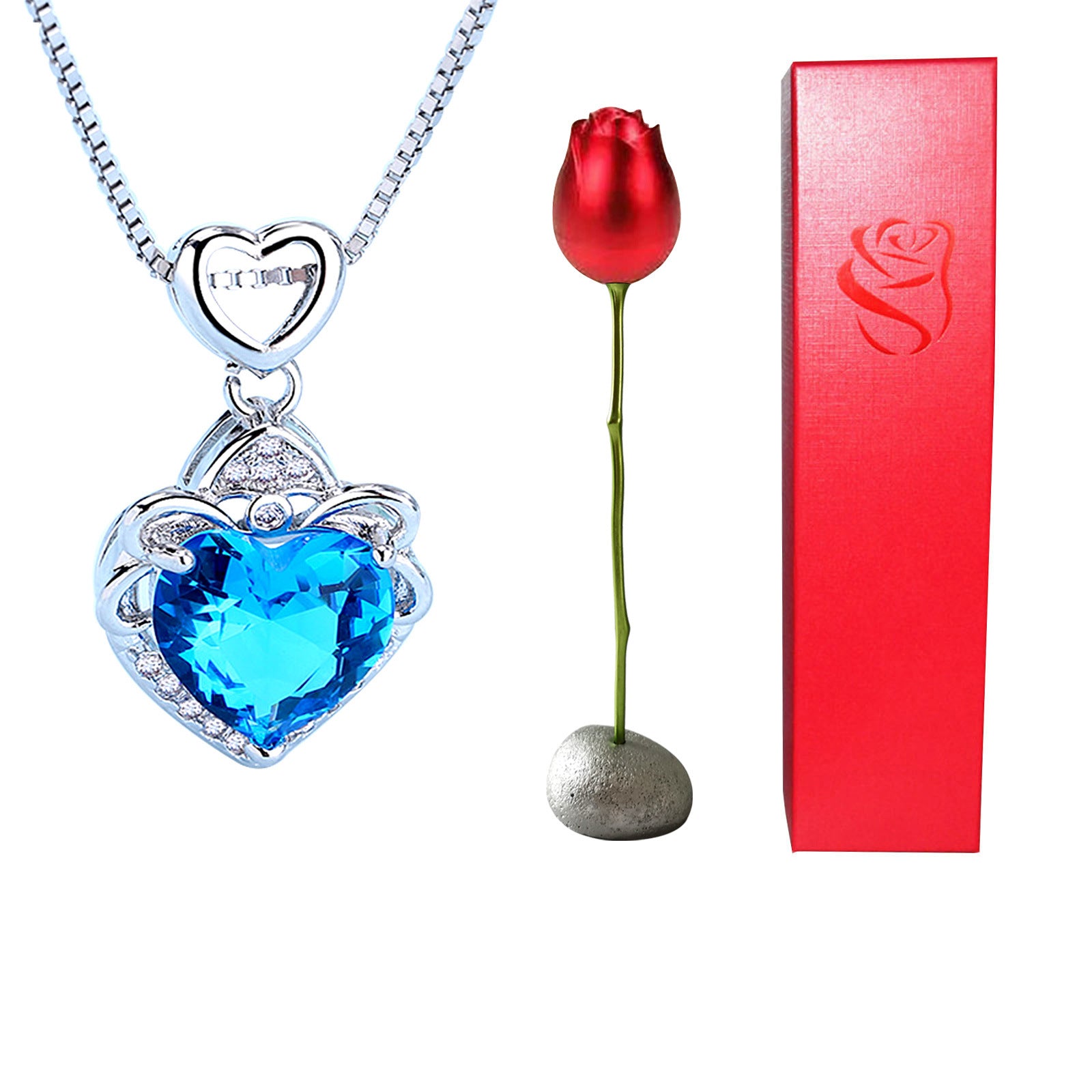 Heart Shaped Blue Purple Crystal Diamond Pendant Rose Head Necklace 🇨🇳