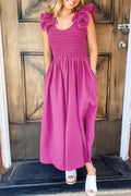 Rose Red Solid Color Ruffled Straps Smocked Ruched Maxi Dress 🇺🇸