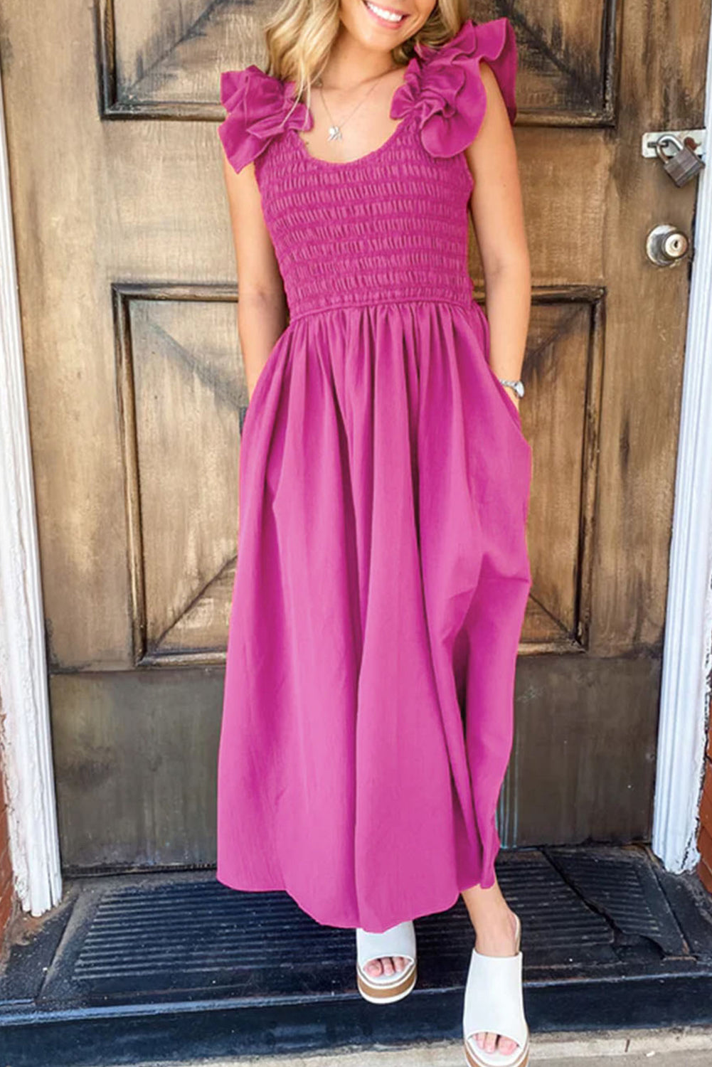 Rose Red Solid Color Ruffled Straps Smocked Ruched Maxi Dress 🇺🇸