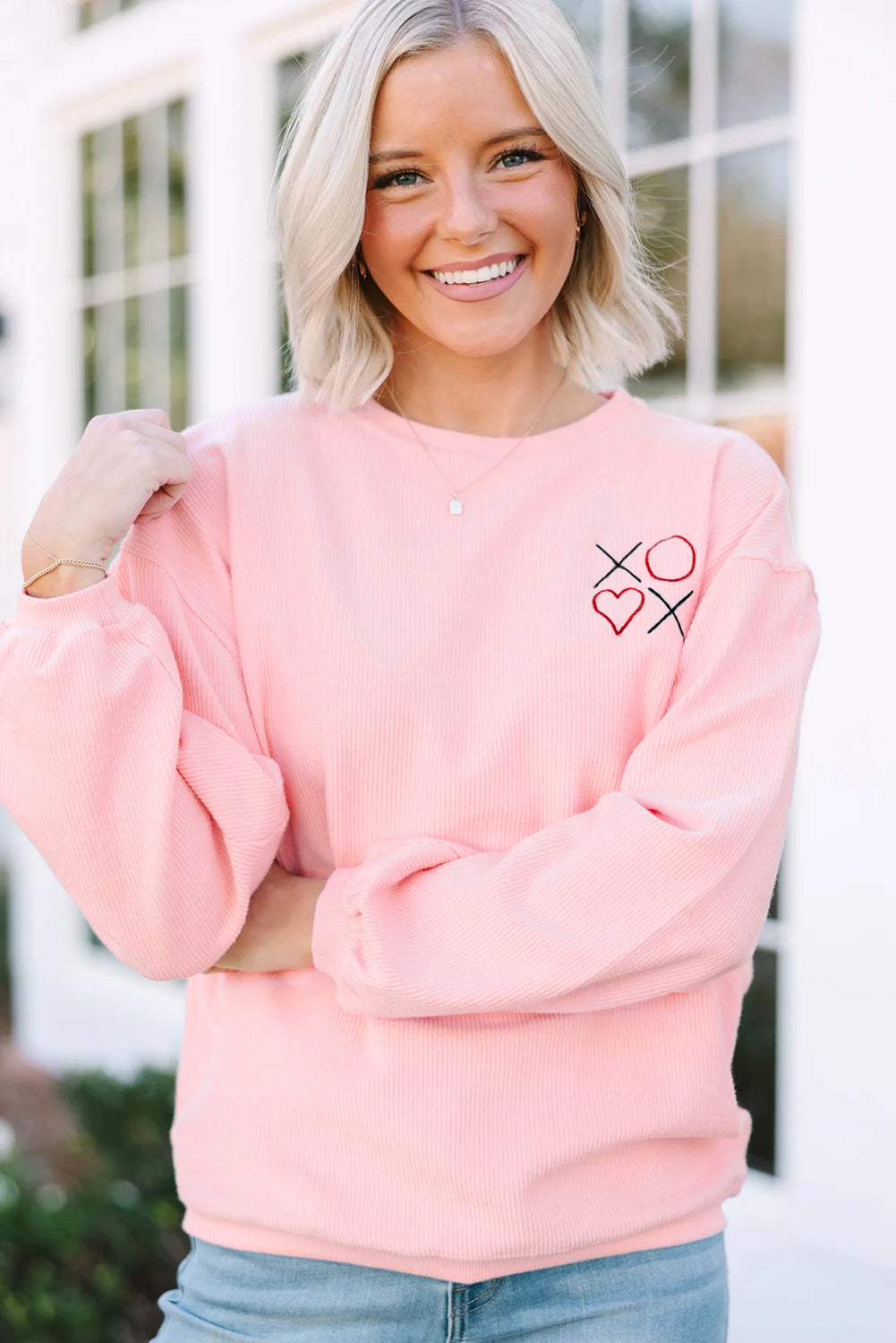 Pink 3d Ribbed XOXO Heart Embroidered Drop Shoulder Sweatshirt 🇺🇸