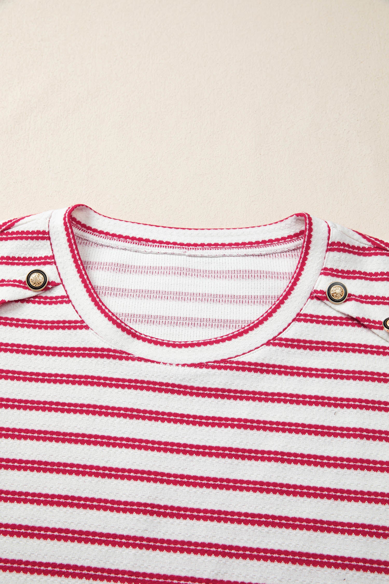 Red Stripe Textured Knit Button Detail Short Sleeve Casual Tee 🇺🇸