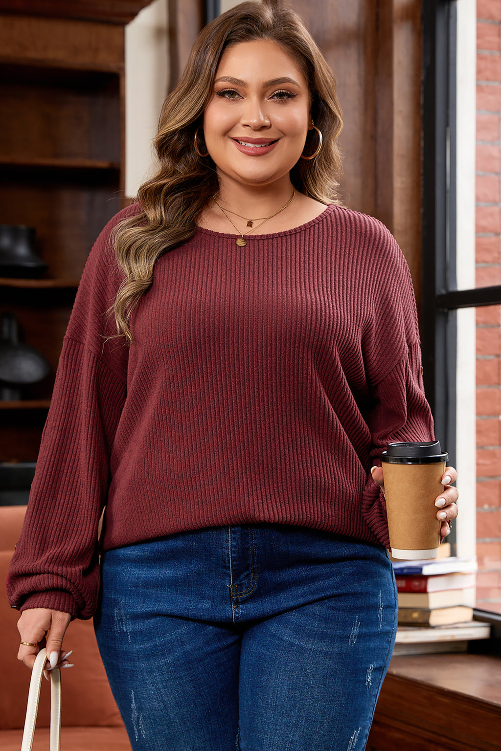 Wild Ginger Plus Size Ribbed Button Decor Long Sleeve Loose Top 🇺🇸