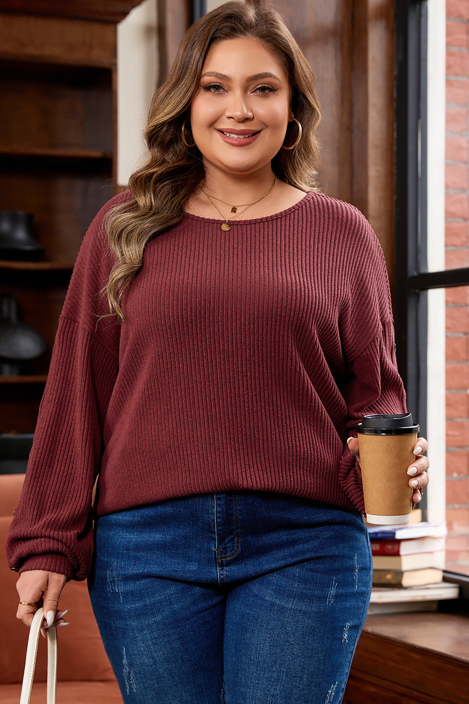 Wild Ginger Plus Size Ribbed Button Decor Long Sleeve Loose Top 🇺🇸