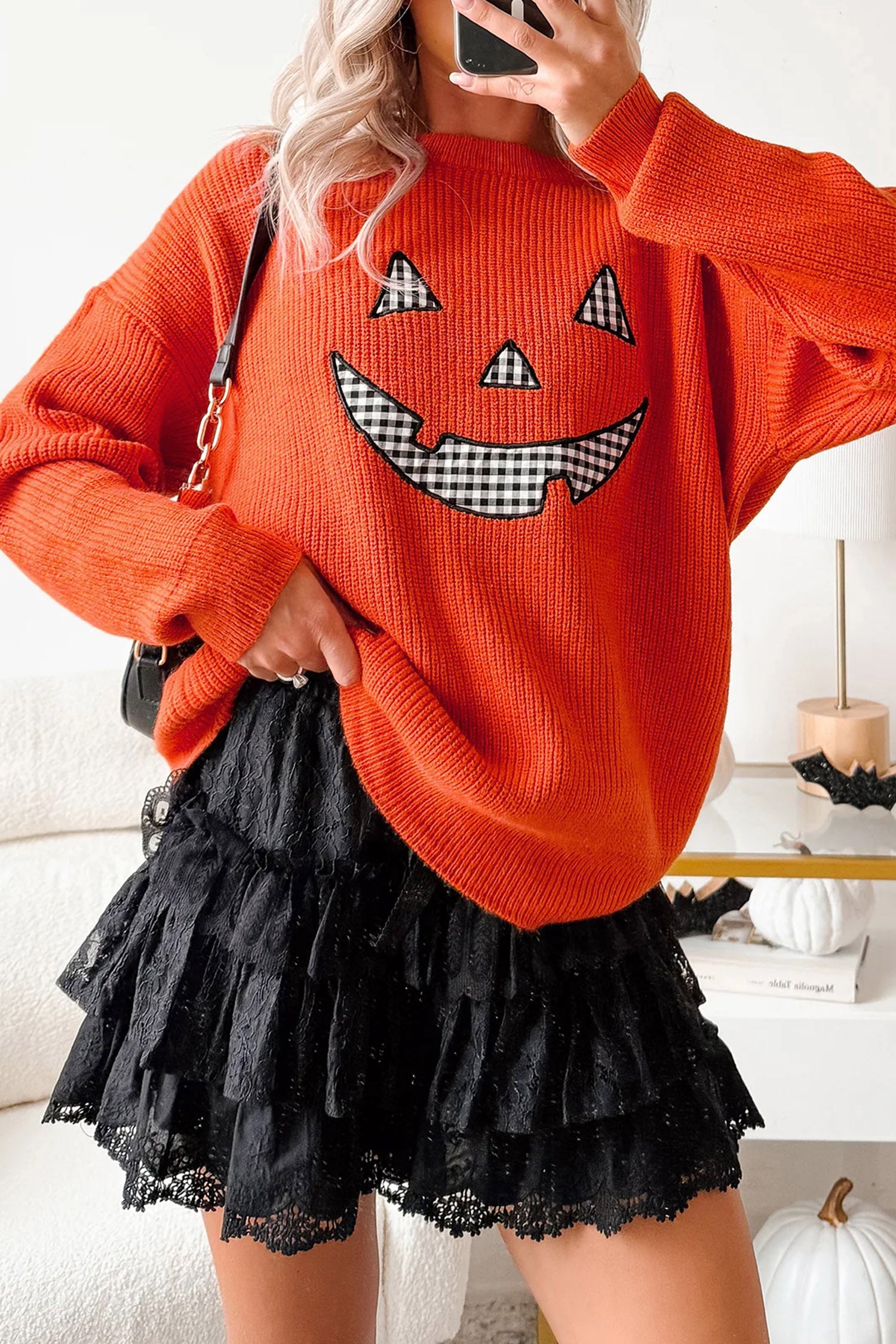Orange Drop Shoulder Long Sleeve Round Neck Halloween Sweater 🇺🇸