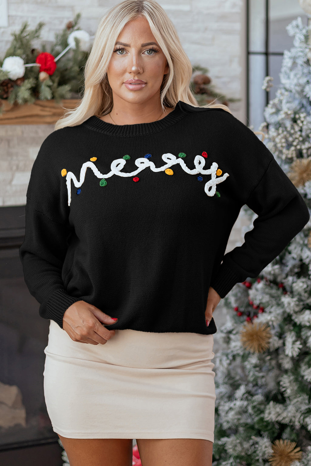 Black Merry Colorful Dot Detail Christmas Drop Shoulder Sweater 🇺🇸