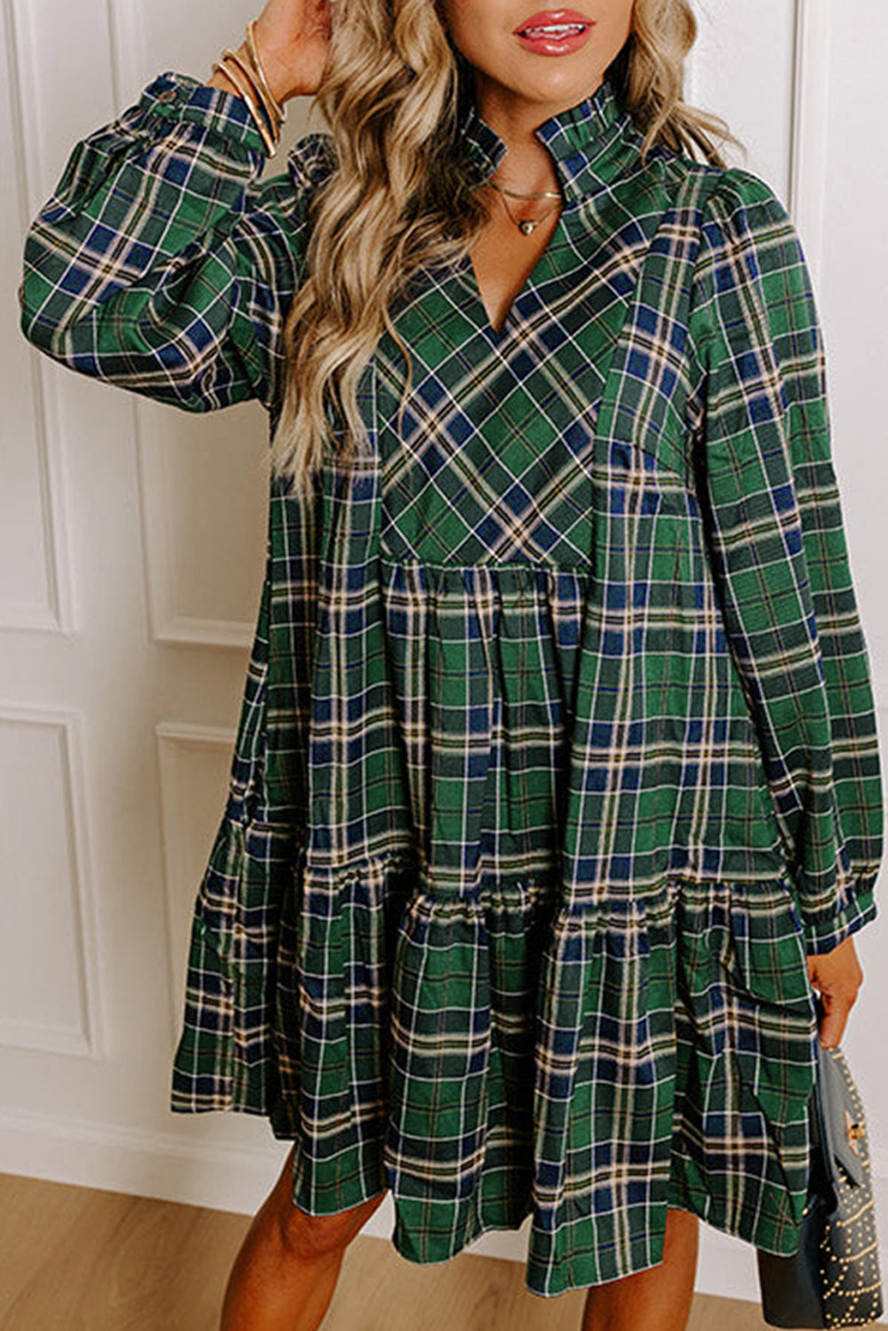 Green Plaid Print Frilly Collar Long Sleeve Shift Mini Dress 🇺🇸