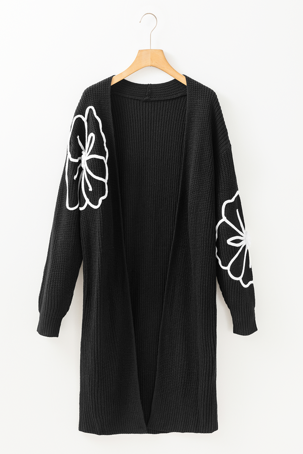 Black Flower Embroidered Drop Shoulder Open Front Duster Cardigan 🇨🇳