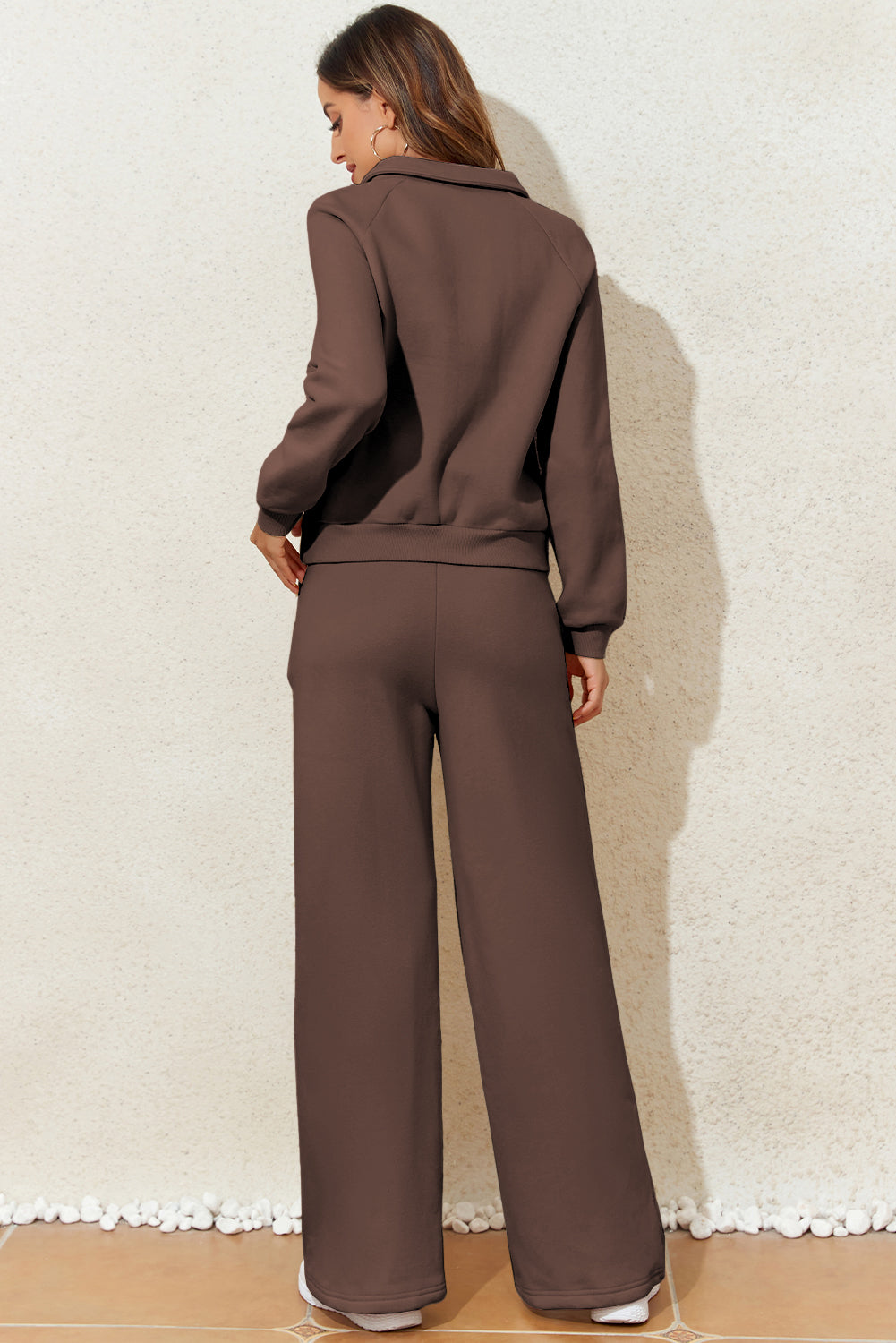 Dark Brown Solid Collared Sweatshirt and High Waist Pants Active Set 🇺🇸