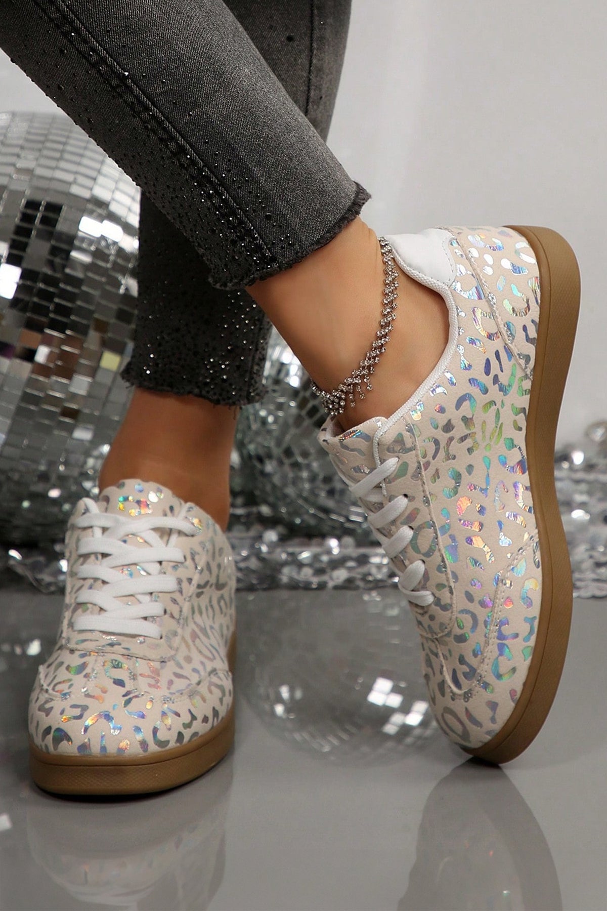White Shiny Leopard Print Training Shoes 🇺🇸