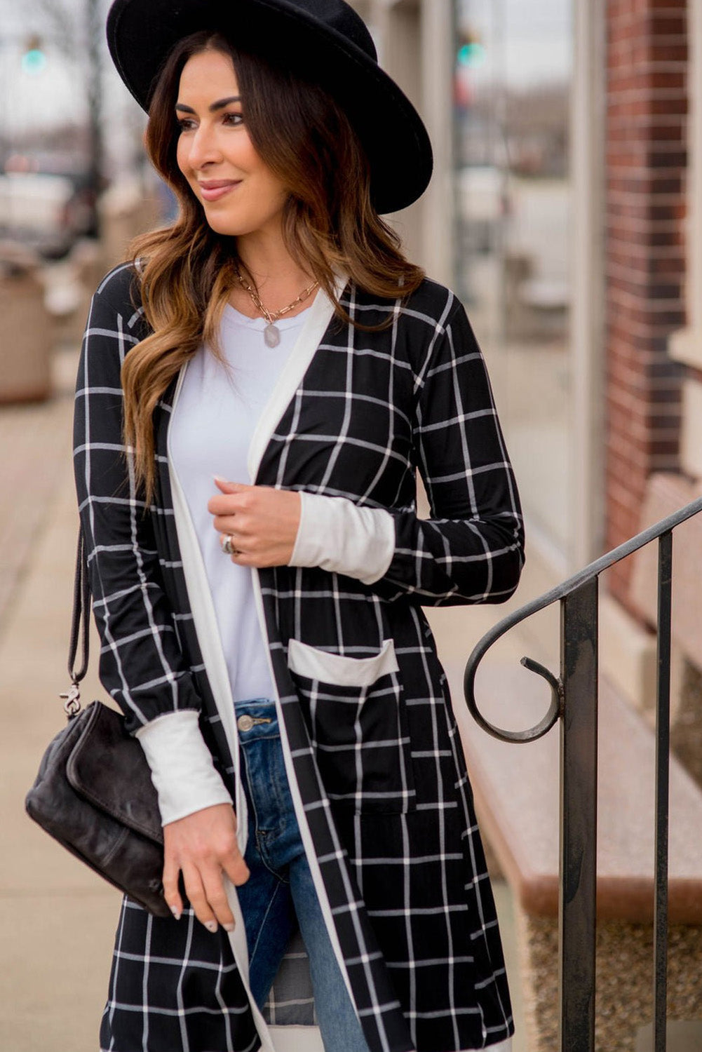 Black Plaid Colorblock Edge Open Cardigan with Pocket 🇨🇳
