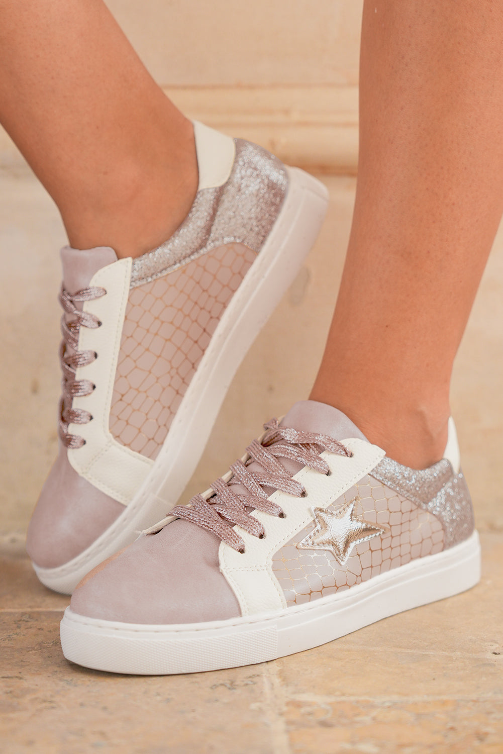 Gold Glitter Star Patchwork PU Leather Lace-up Sneakers 🇺🇸