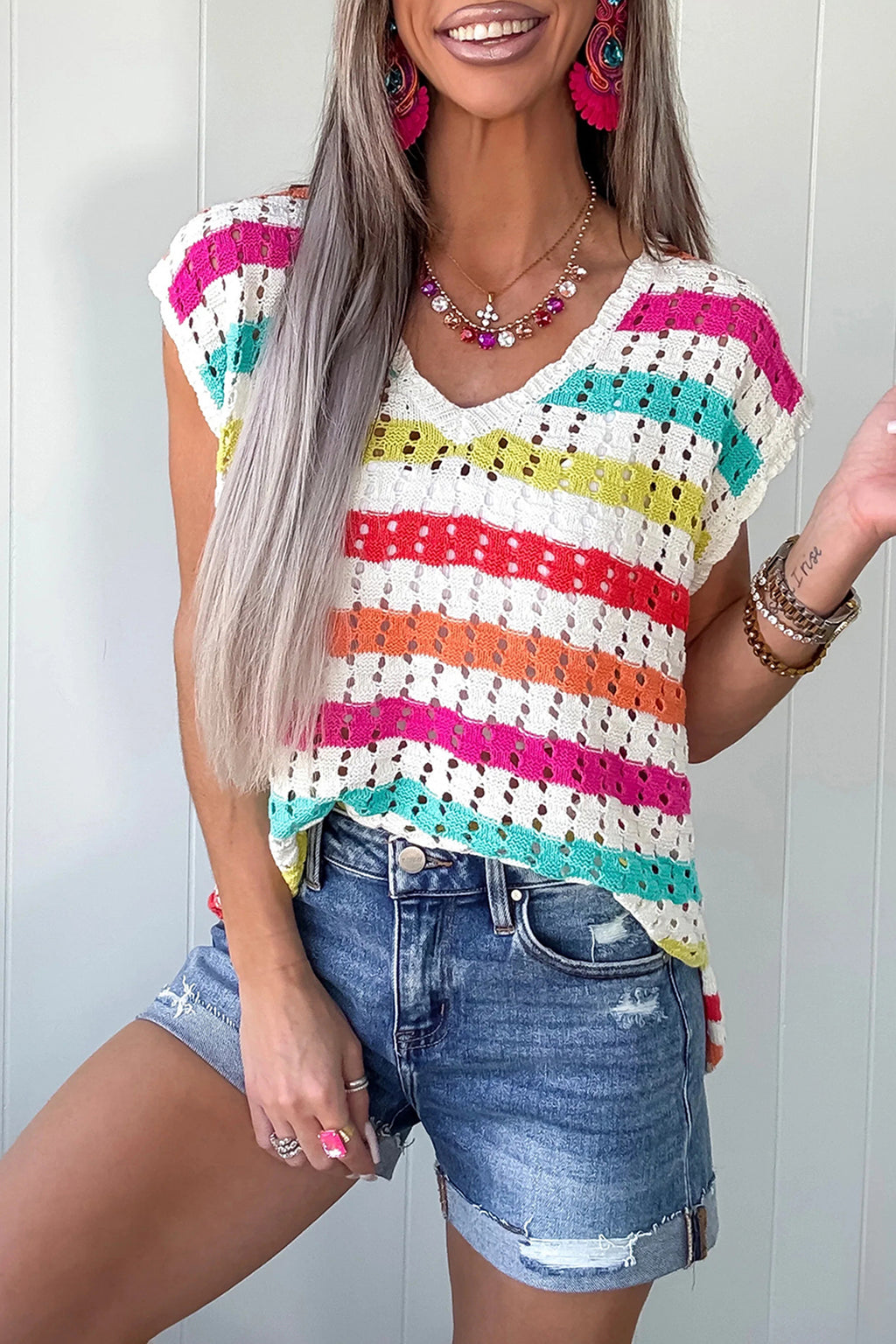 Multicolour Striped Eyelet Knit V Neck Sweater Team 🇺🇸