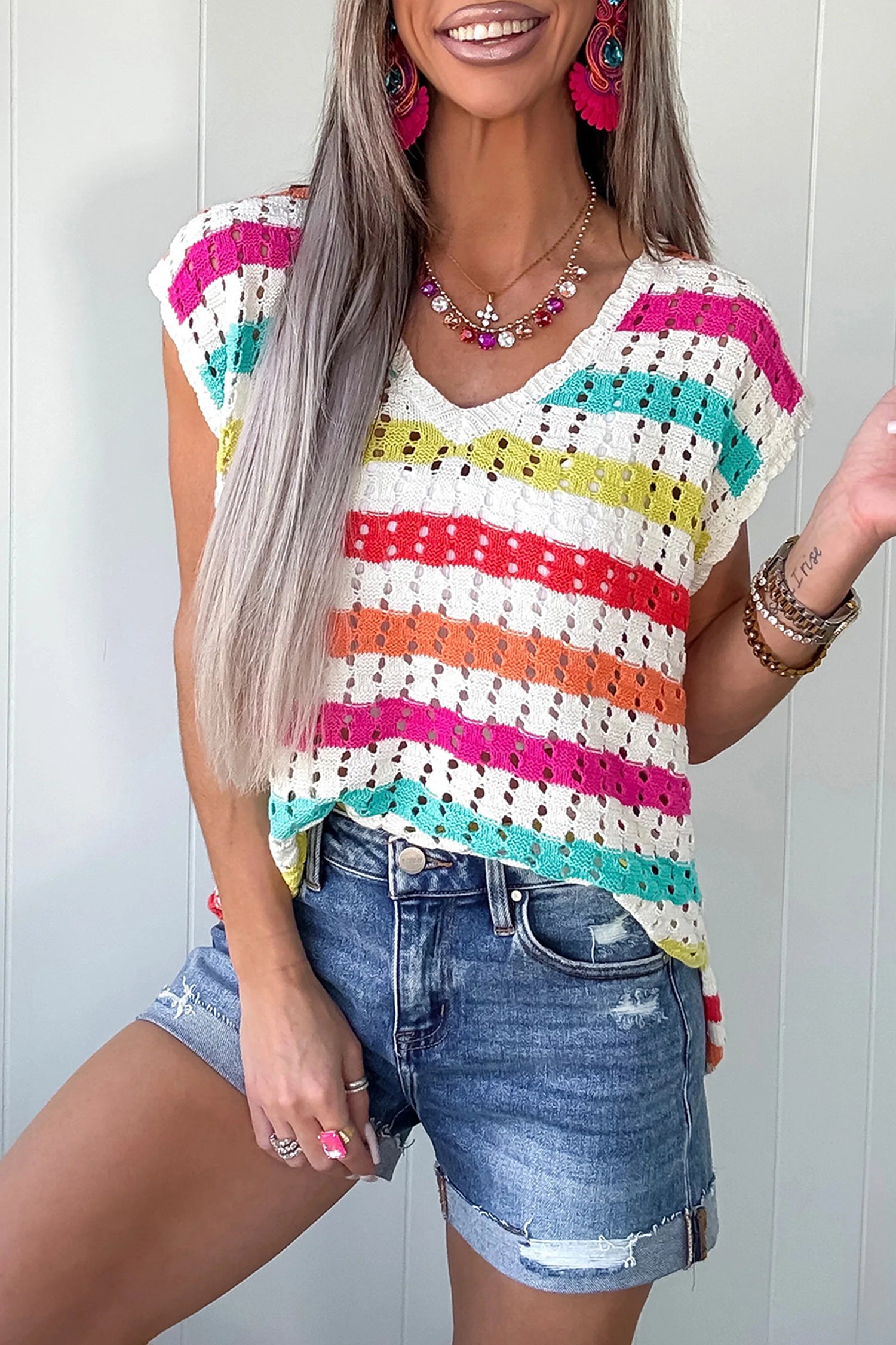 Multicolour Striped Eyelet Knit V Neck Sweater Team 🇺🇸