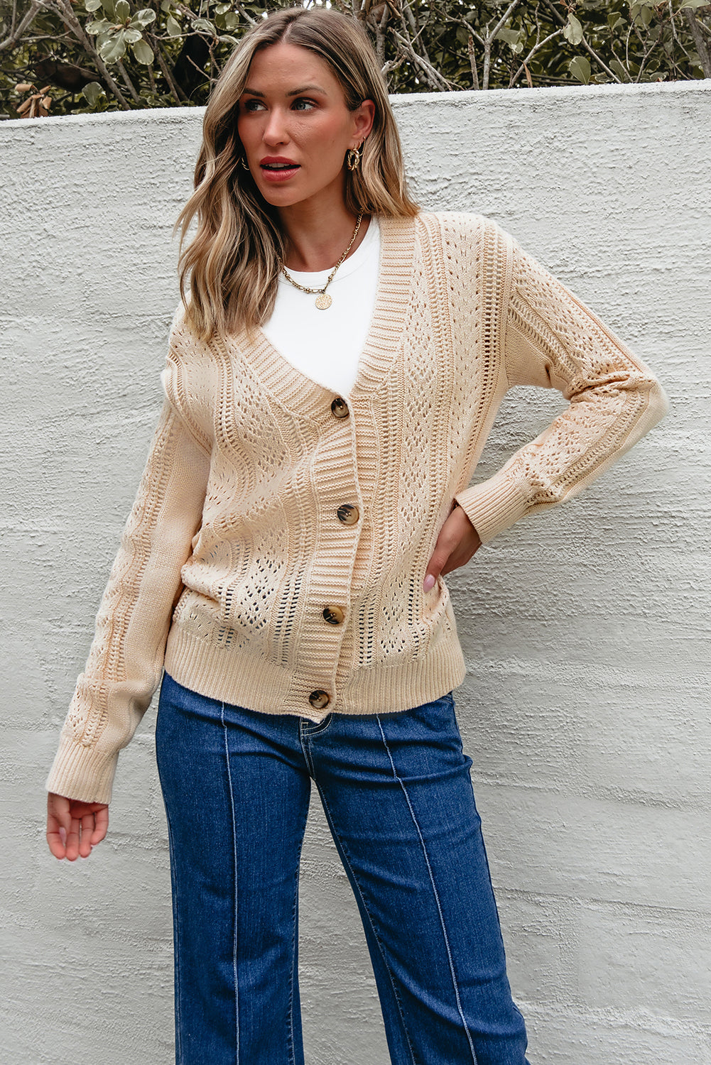 Beige Open Knit Drop Shoulder Sweater Cardigan 🇨🇳