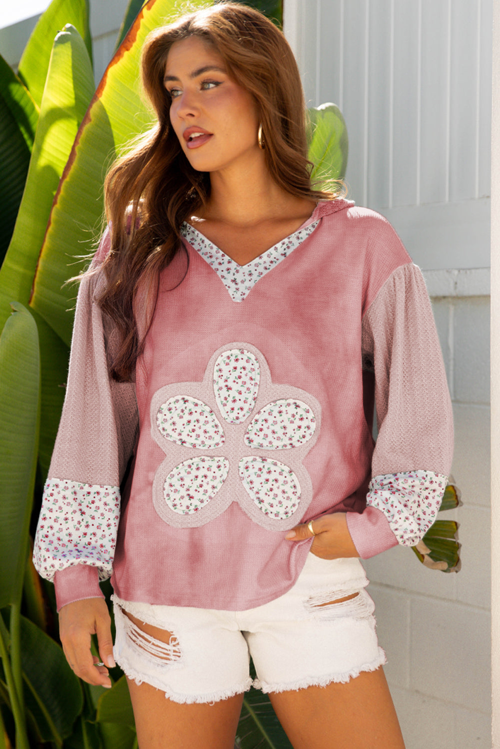 Pink Floral Patched Waffle Textured Colorblock V Neck Casual Hooded Top 🇺🇸