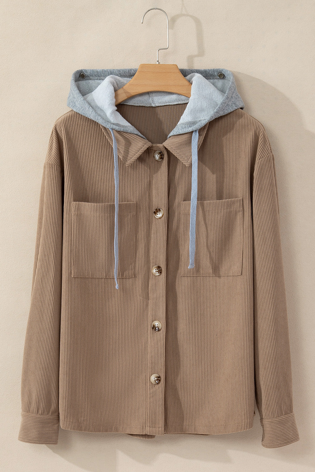 Pale Khaki Hooded Drawstring Pockets Corduroy Shacket 🇺🇸