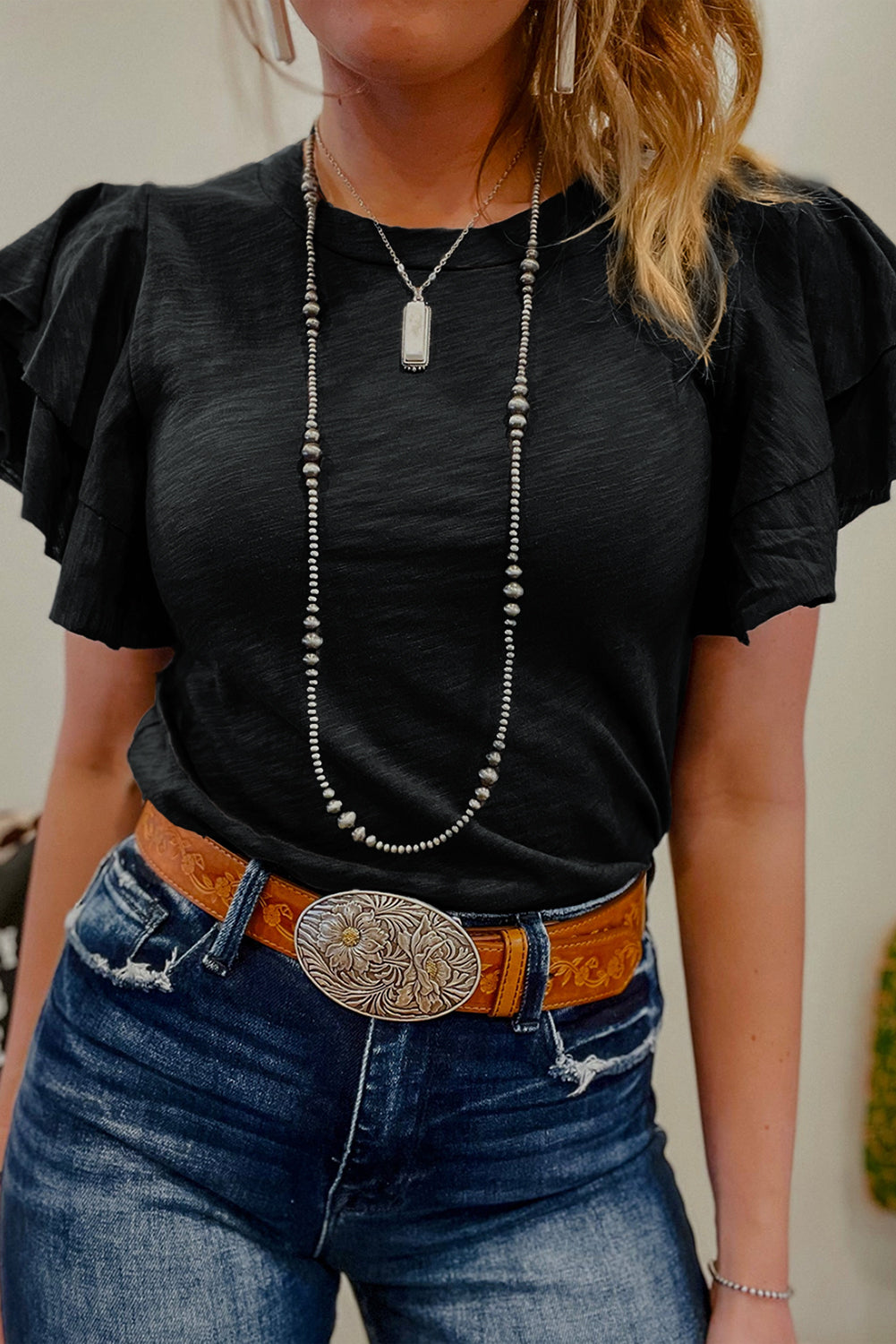 Black Layered Ruffle Short Sleeve Round Neck Top 🇨🇳