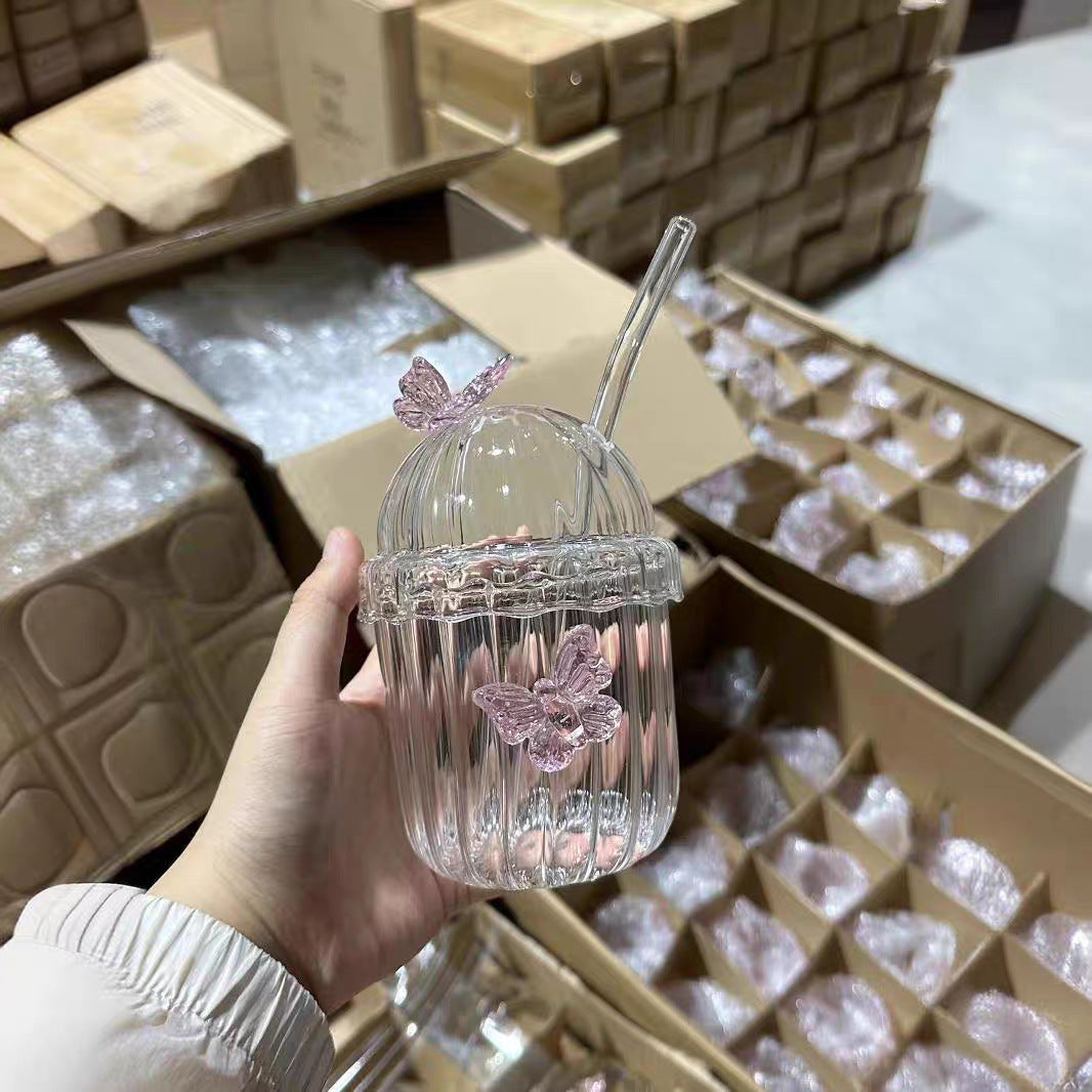 Vertical Straw Butterfly Cup With Straw Borosilicate Glass 🇨🇳
