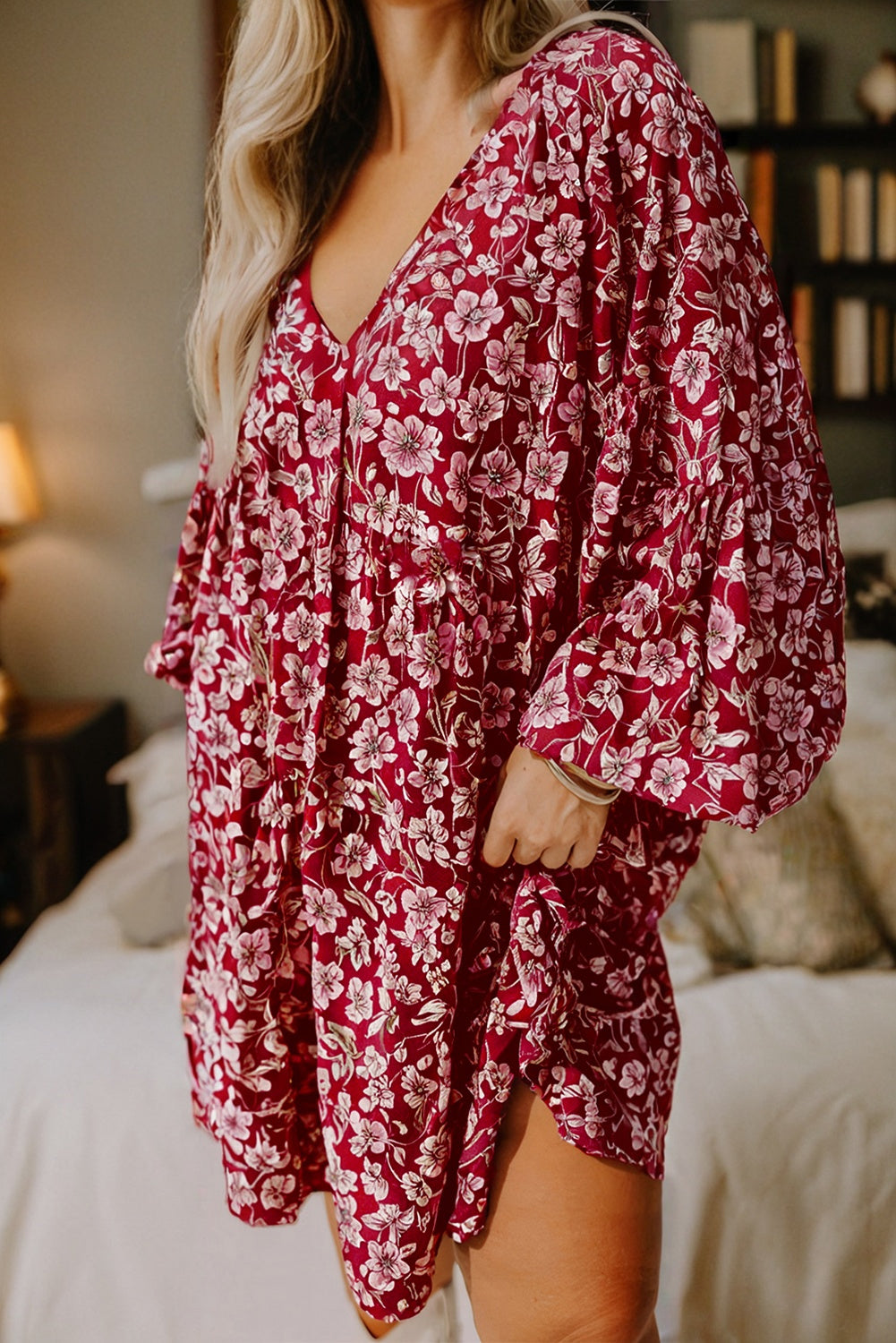 Purple Plus Floral Balloon Sleeve V Neck Relaxed Dress 🇺🇸