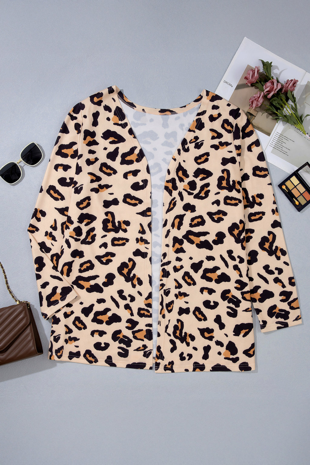Khaki Leopard Print Long Sleeve V Neck Tunic Plus Size Cardigan 🇺🇸