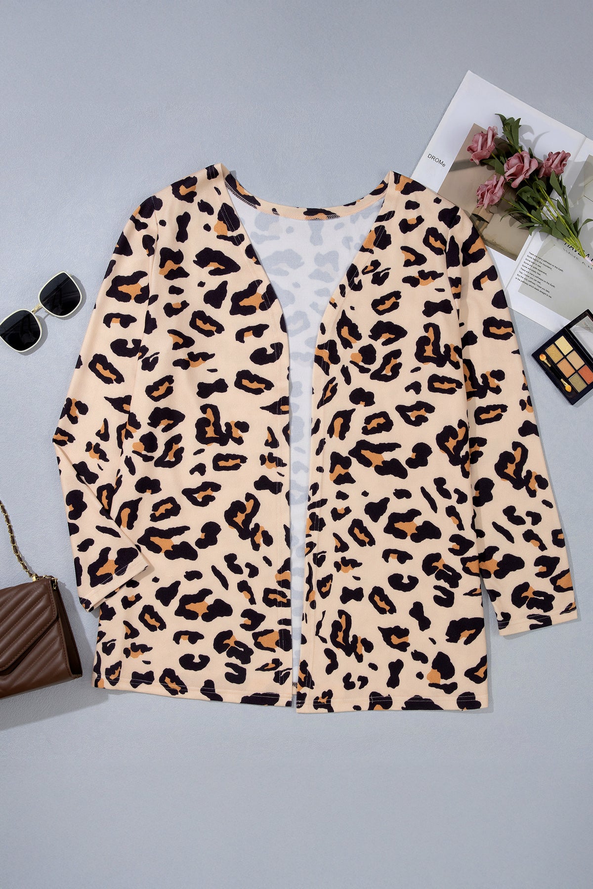 Khaki Leopard Print Long Sleeve V Neck Tunic Plus Size Cardigan 🇺🇸