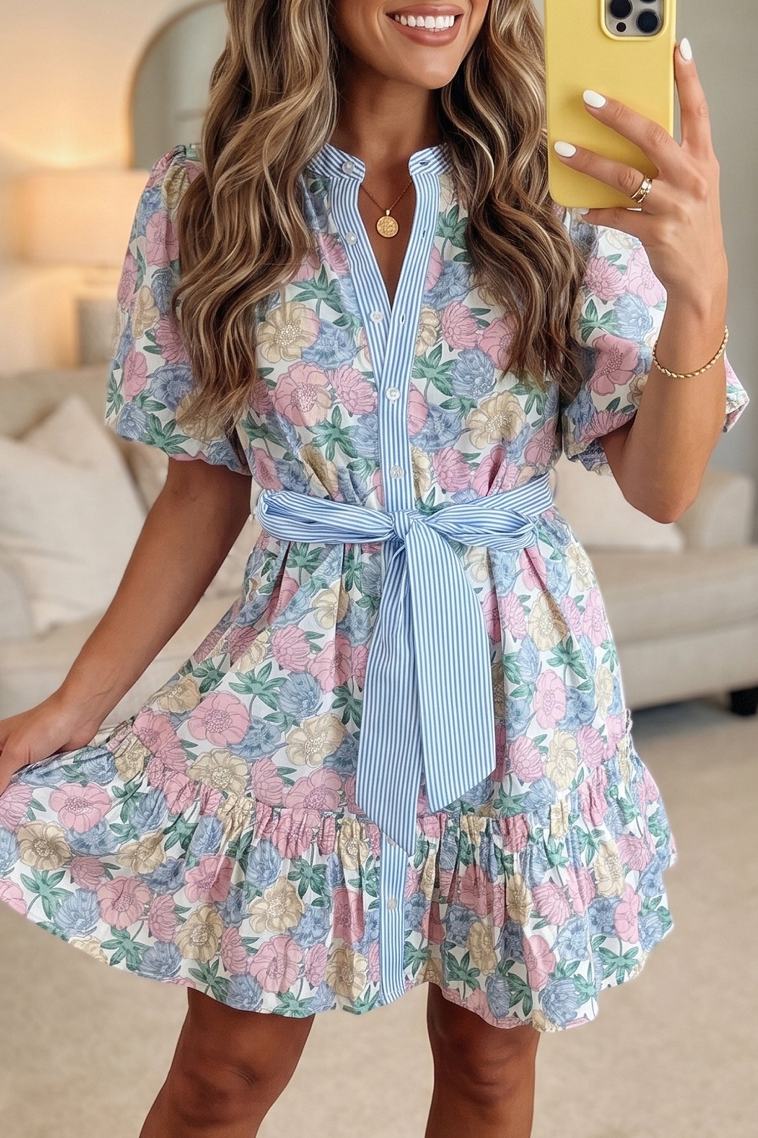 White Floral Print Striped Contrast Trim Belted Short Dress 🇺🇸